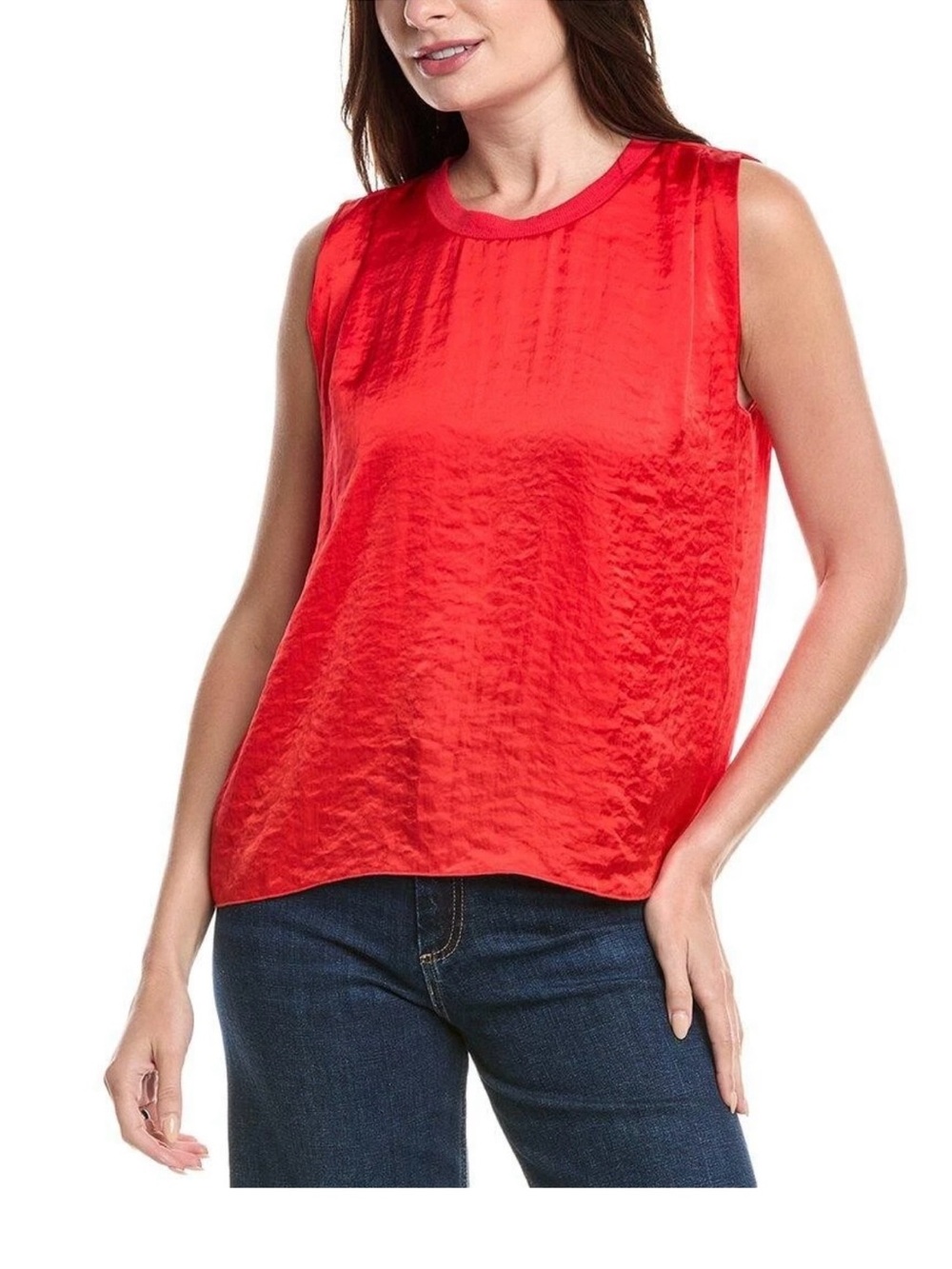 CAbi Red Sleeveless Satin Crewneck Top
